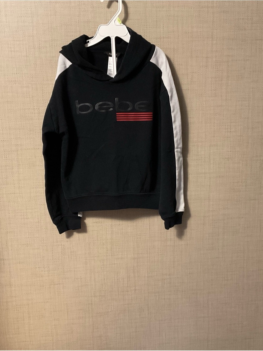 bebe Black Hooded Sweatshirt with White Sleeve Panels and Red Stripe